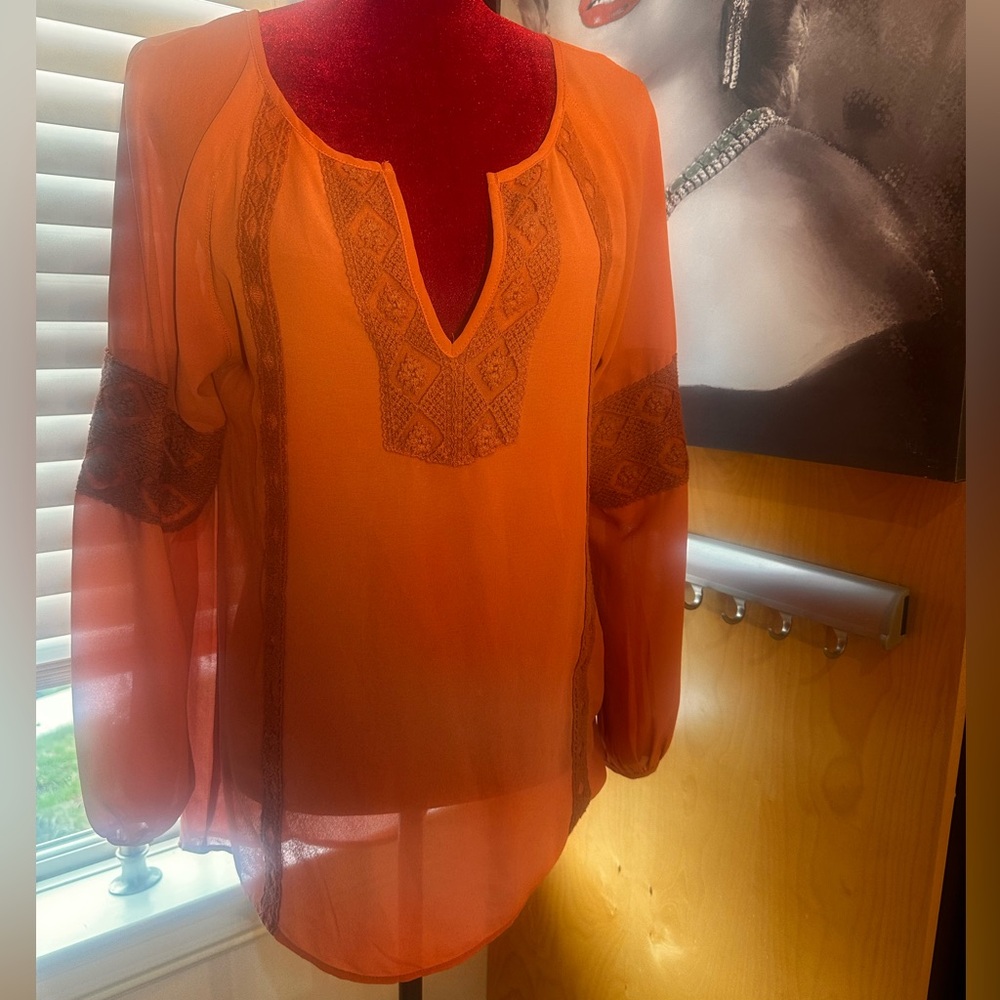 BKE Orange sheer Blouse with crochet neck and sleeve
Size M